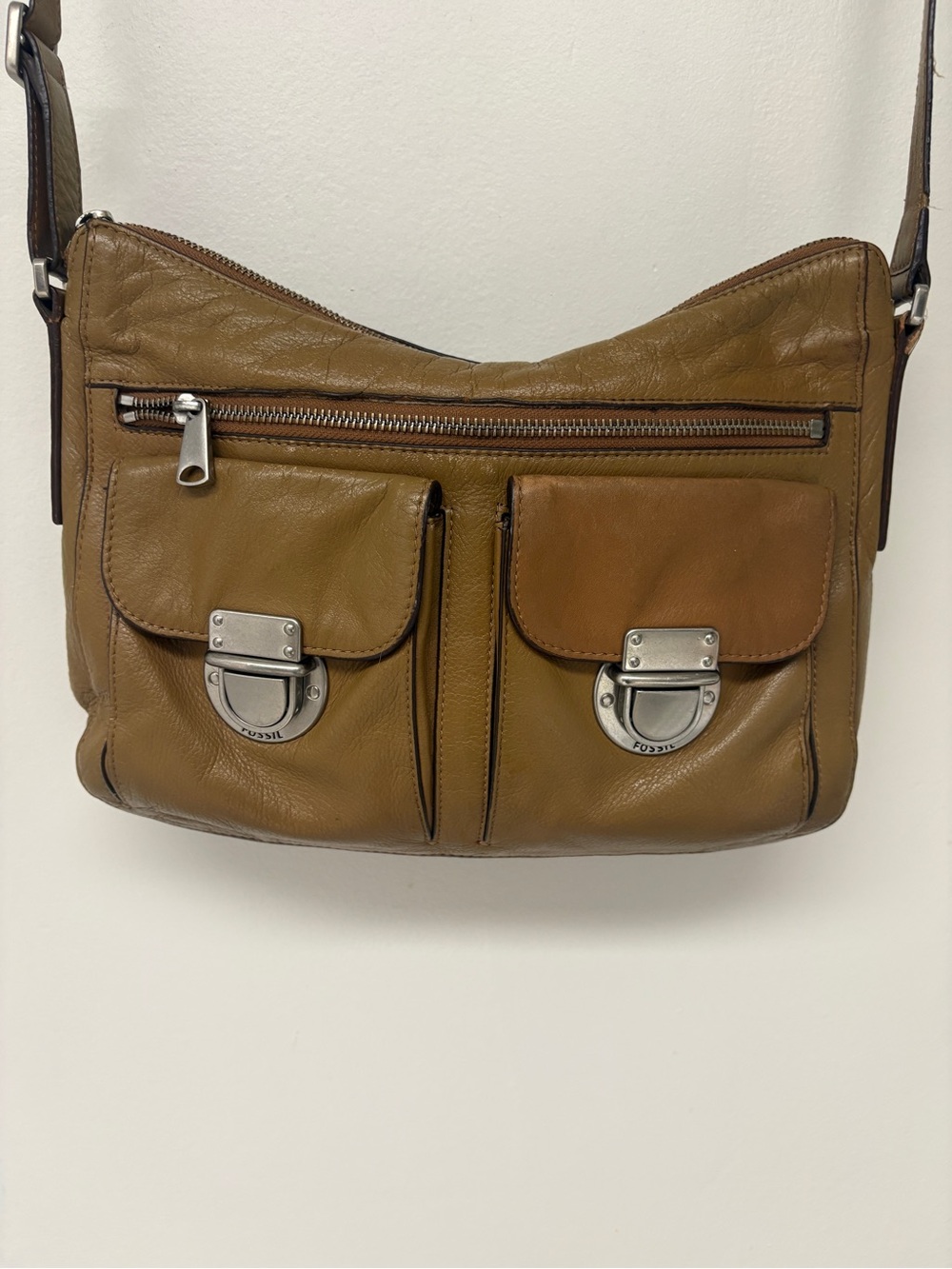 Fossil Riley Camel Brown Leather Cargo Bag